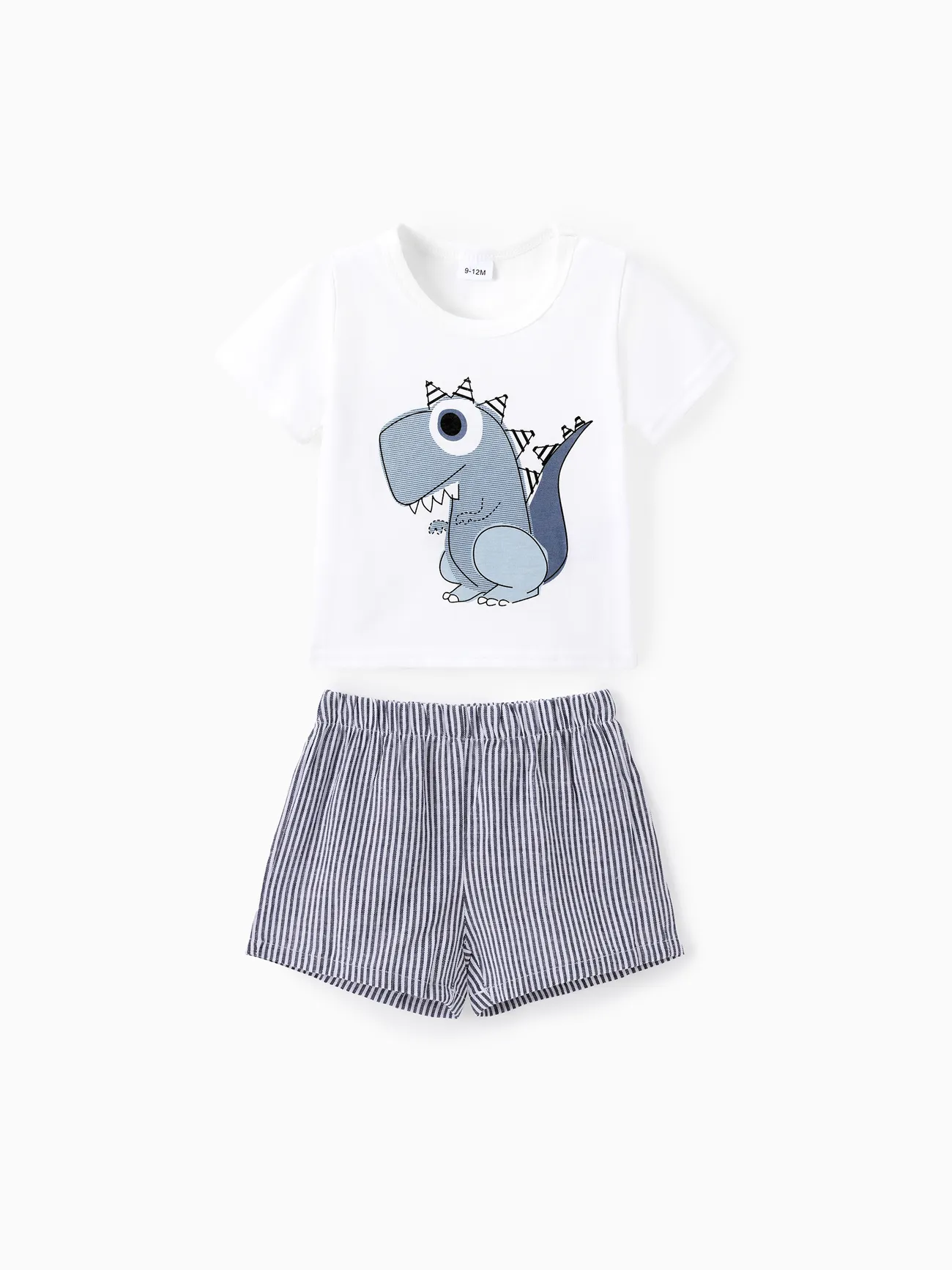 2pcs Baby Boy Cartoon Dinosaur Print Short-sleeve T-shirt and Pinstriped Shorts Set White big image 1