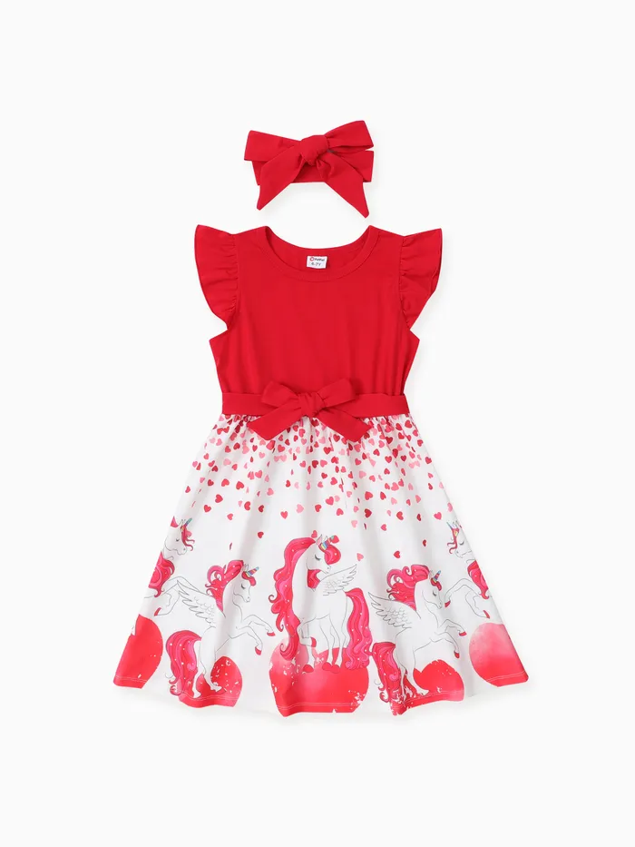 Kid Girl Valentine's Day 2pcs Unicorn Print Flutter Sleeve Dress con diadema