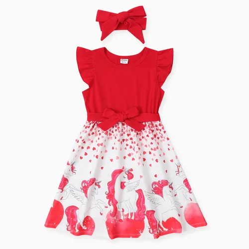 Kid Girl Valentine's Day 2pcs Unicorn Print Flutter Sleeve Dress con diadema