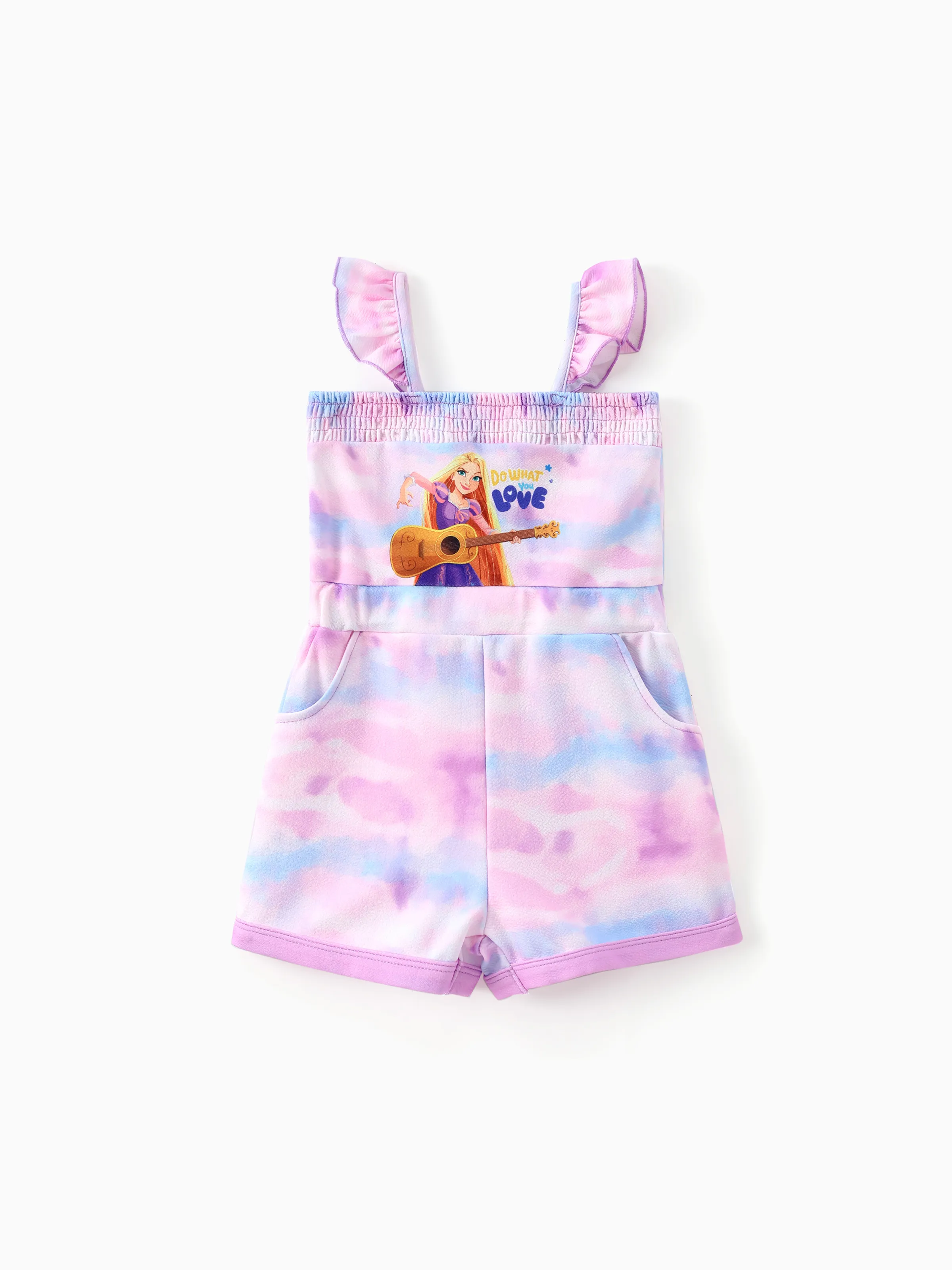 

Disney Princess Toddler Girls Ariel/Moana/Rapunzel 1pc Tie-dye Character Print Flutter-sleeve Jumpsuit