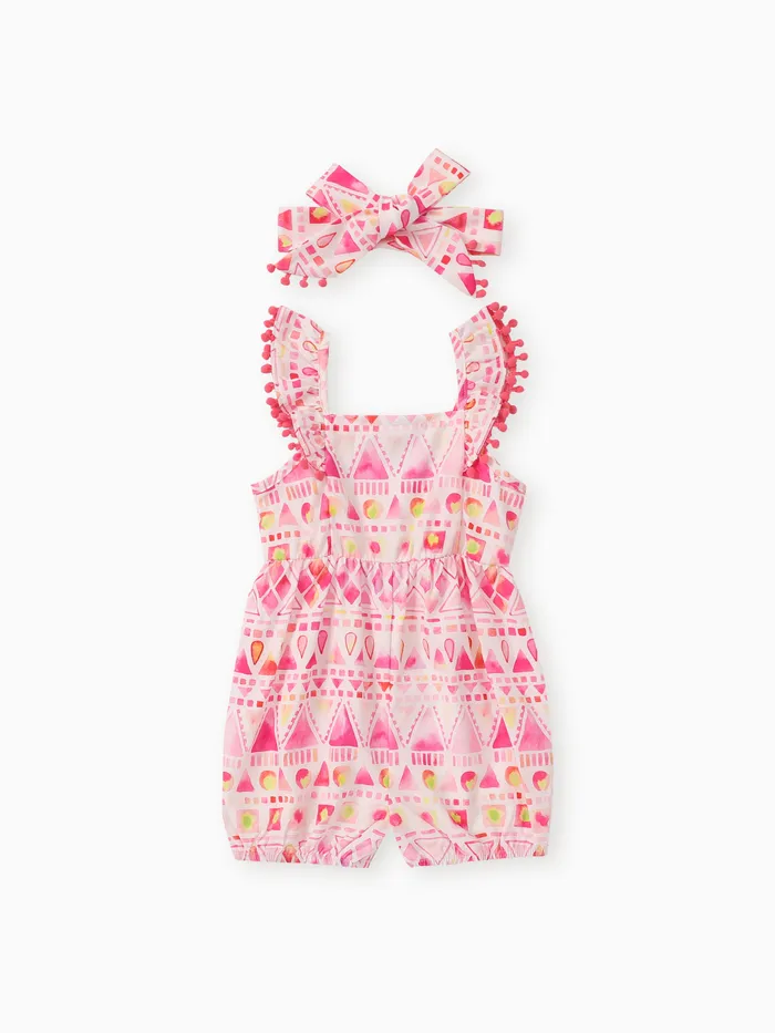 Baby Girl 2pcs Geometric Pattern Flutter Sleeve Jumpsuit and Headband Set