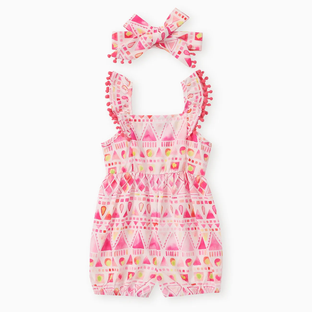 Baby Girl 2pcs Geometric Pattern Flutter Sleeve Jumpsuit and Headband Set Multi-color big image 1