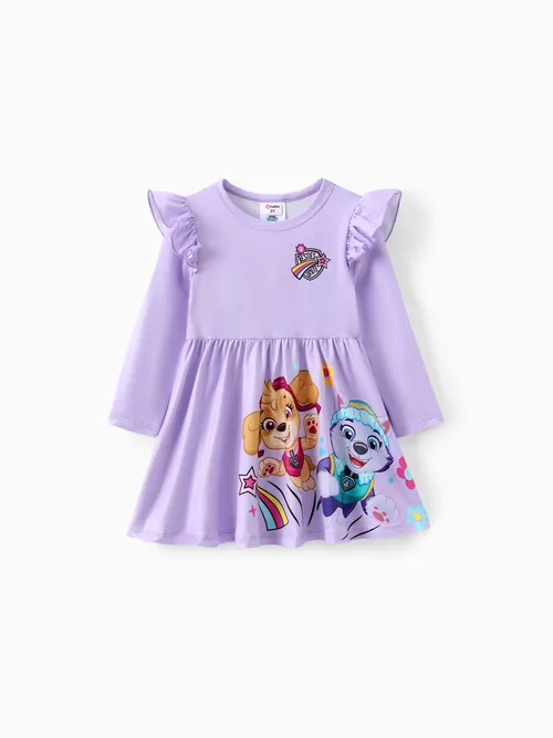 Paw Patrol Toddler Girls Character Rainbow Striped Print Ruffle Long Sleeve Dress