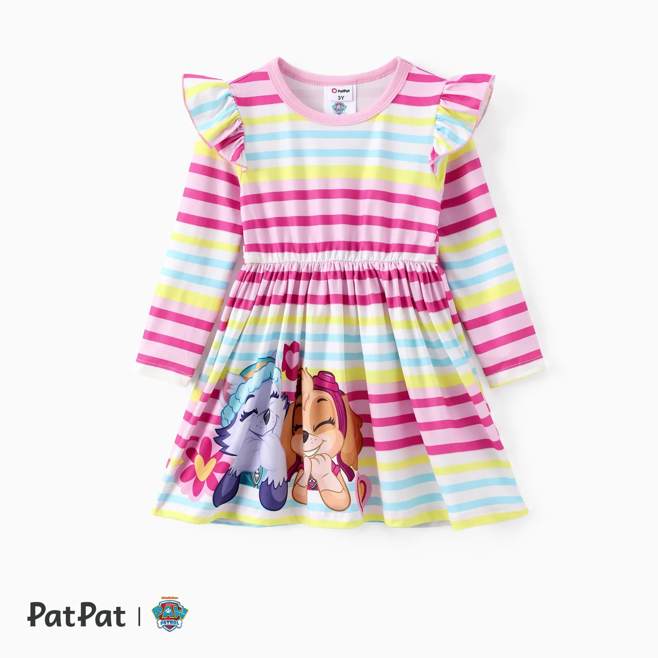 Paw Patrol Toddler Girls Character Rainbow Striped Print Ruffle Long Sleeve Dress