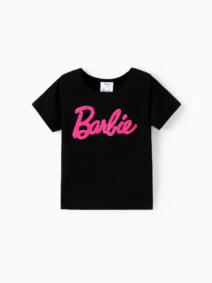 Camiseta de algodón de manga corta con letras bordadas para niños pequeños y niñas de Barbie