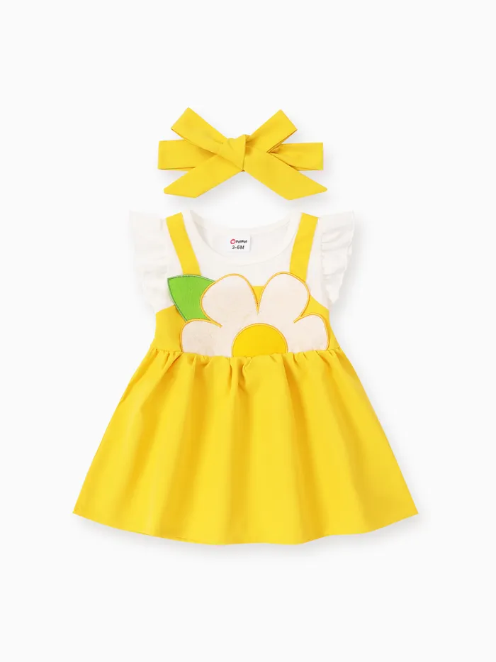 Baby Mädchen 2pcs süße Blume Stickerei Faux-zwei Kleid und Stirnband Set / Schuhe