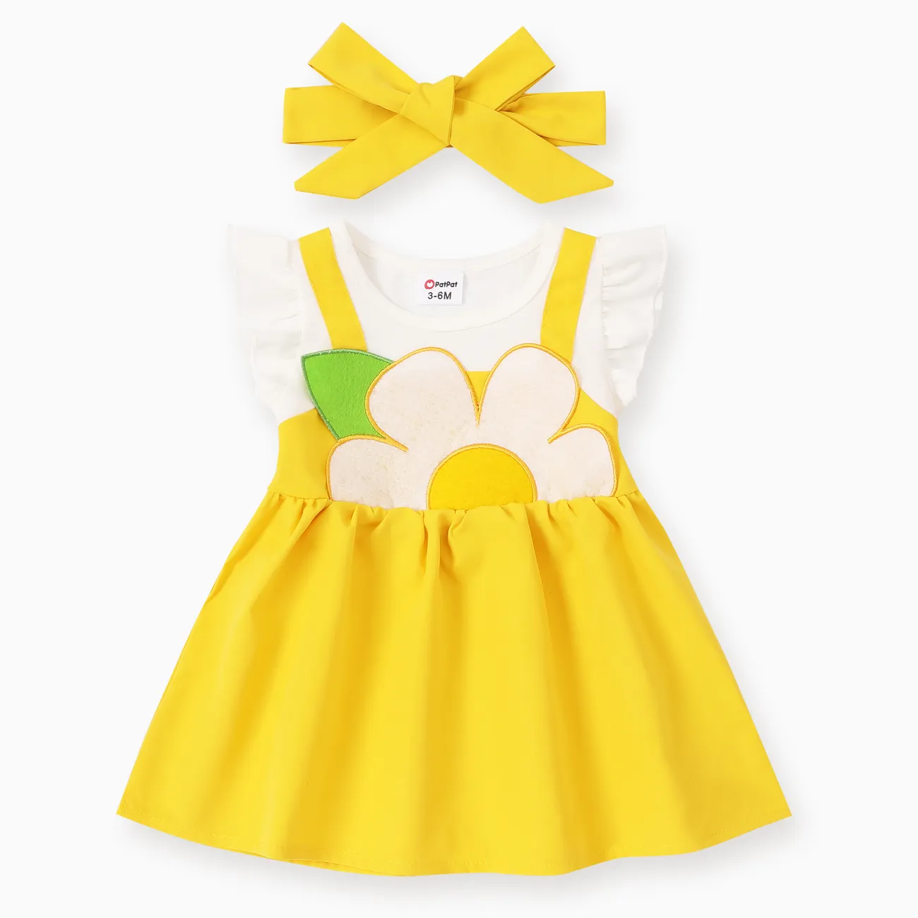 Baby Girl 2pcs Sweet Flower Embroidery  Faux-two Dress and Headband Set/ Shoes Yellow big image 1