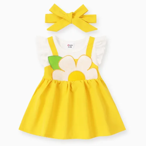 Baby Mädchen 2pcs süße Blume Stickerei Faux-zwei Kleid und Stirnband Set / Schuhe
