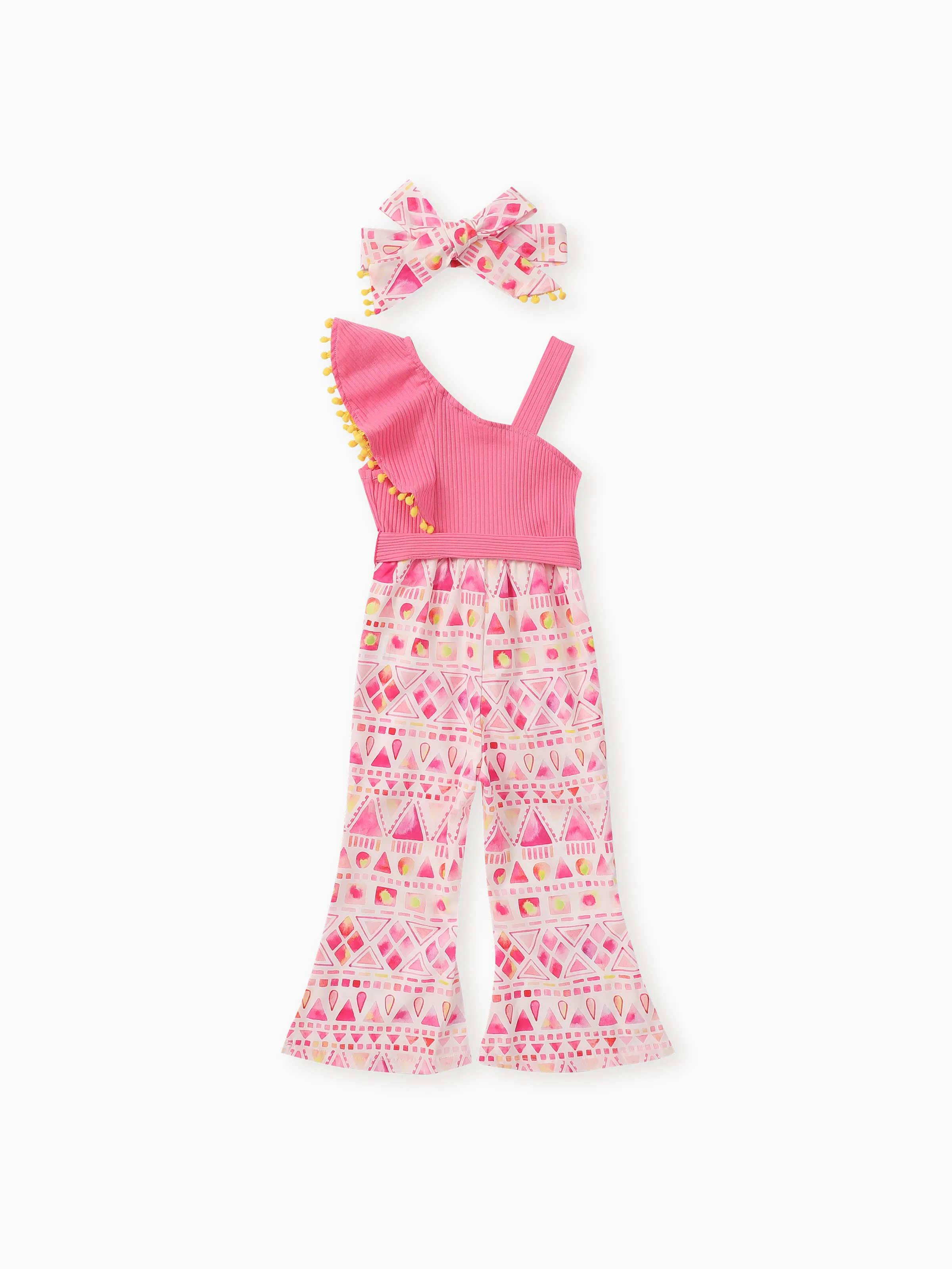 Toddler Girl 2cps Sweet Colorblock Geometric Pattern Jumpsuit and Headband Set