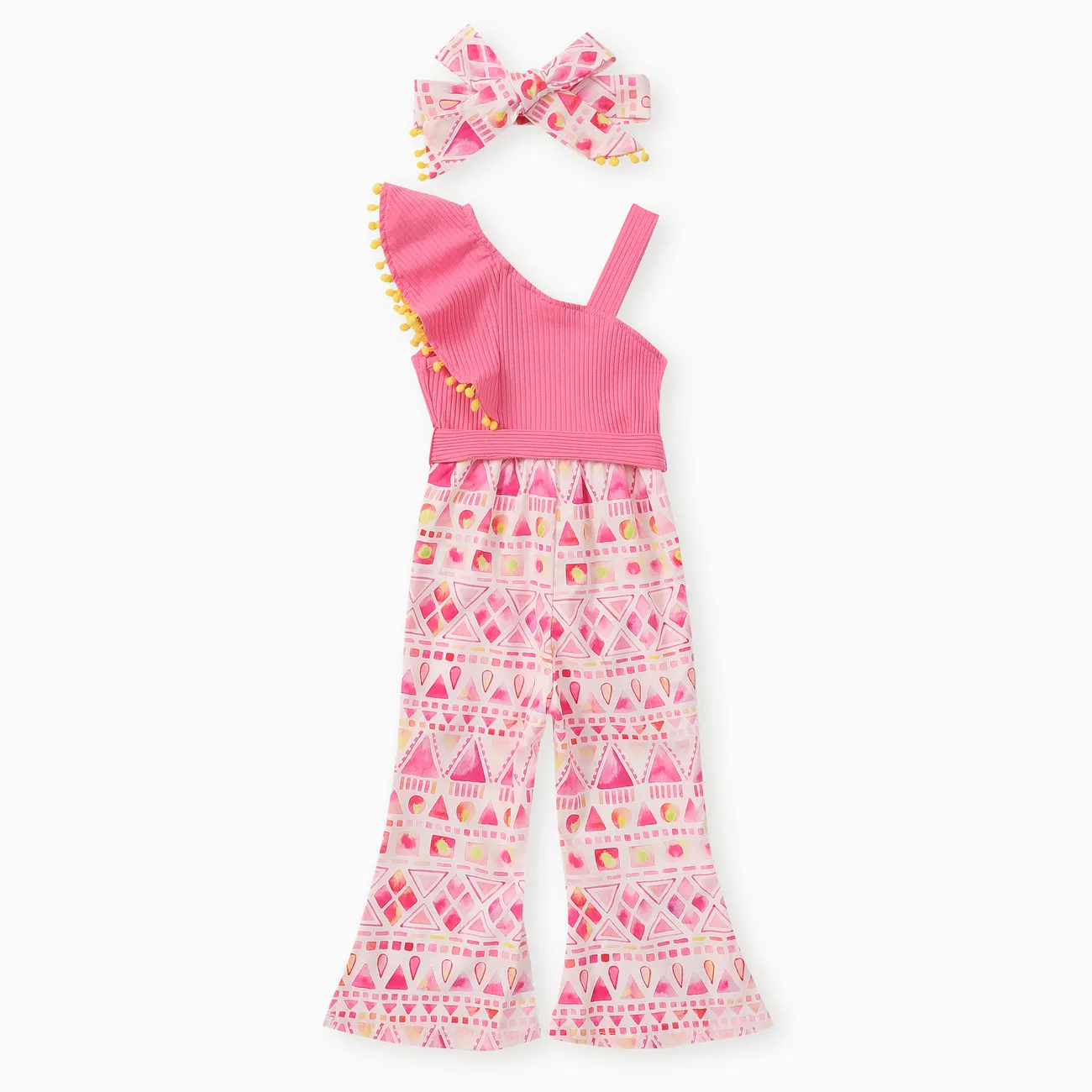 Toddler Girl 2cps Sweet Colorblock Geometric Pattern Jumpsuit and Headband Set Pink big image 1