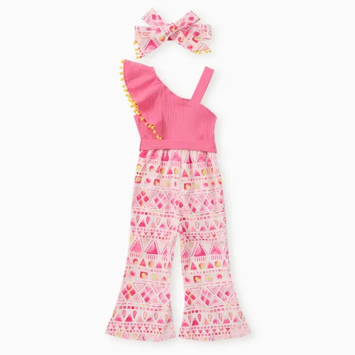 Toddler Girl 2cps Sweet Colorblock Combinaison à motif géométrique et bandeau ensemble
