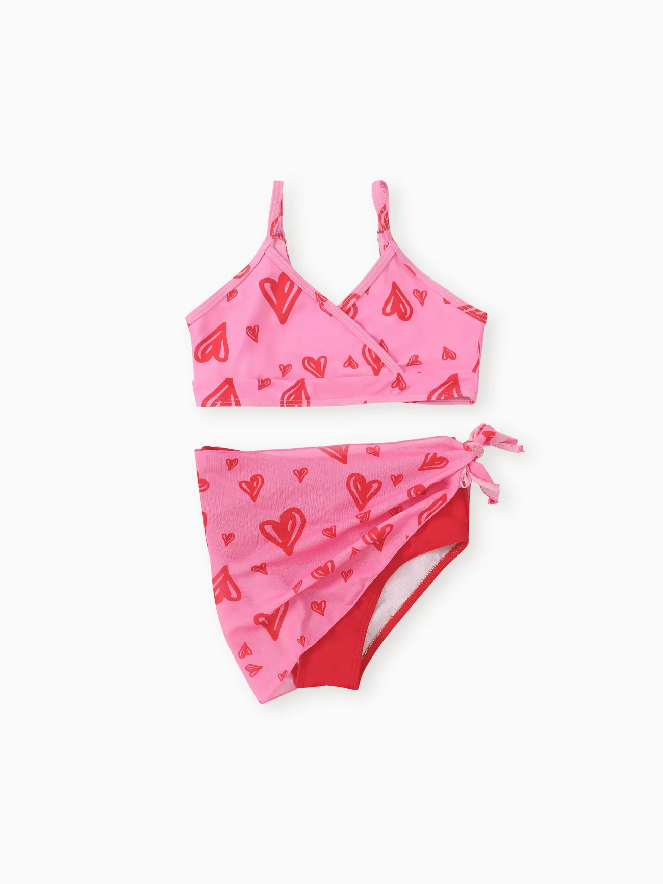 3pcs Kid Girl Heart-shaped Print Swimsuits Set Red big image 1