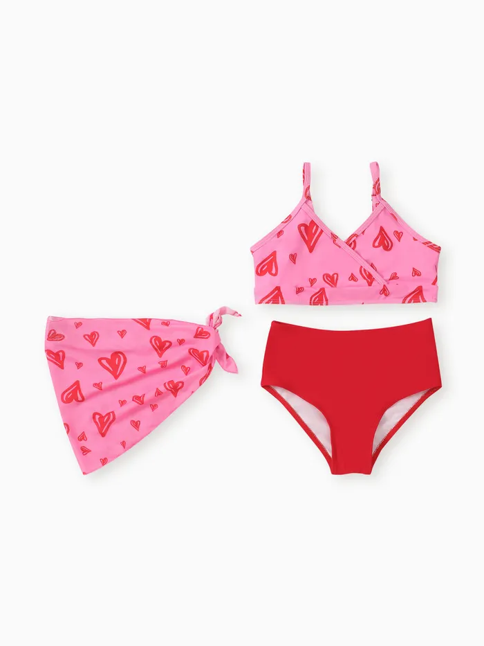 3pcs Kid Girl Heart-shaped Print Swimsuits Set