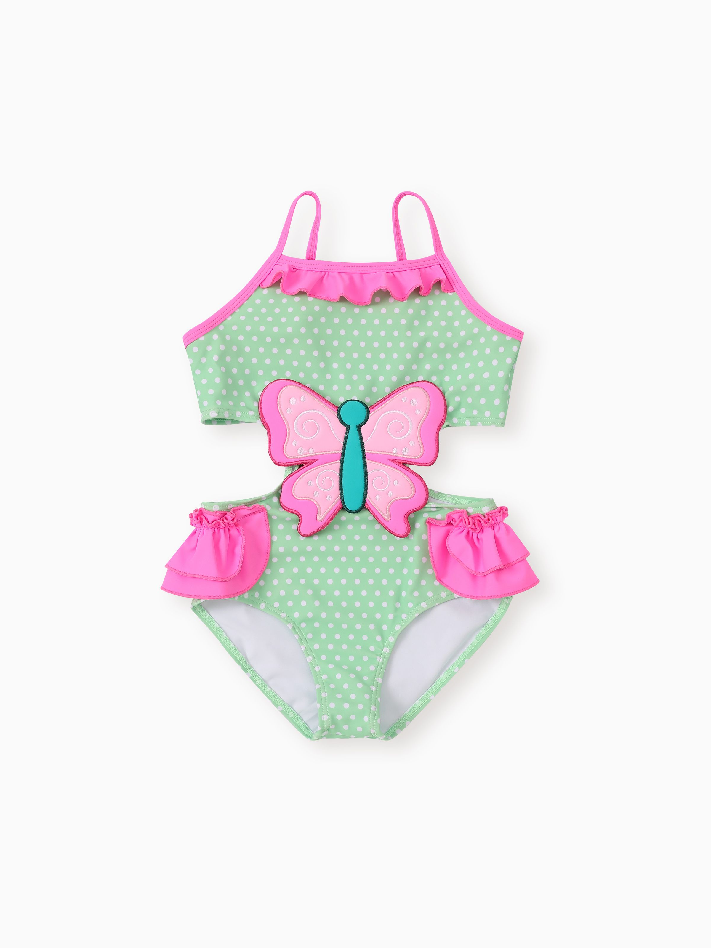 

Kid Girl Polka Dots Butterfly Embroidery Ruffled Swimsuit