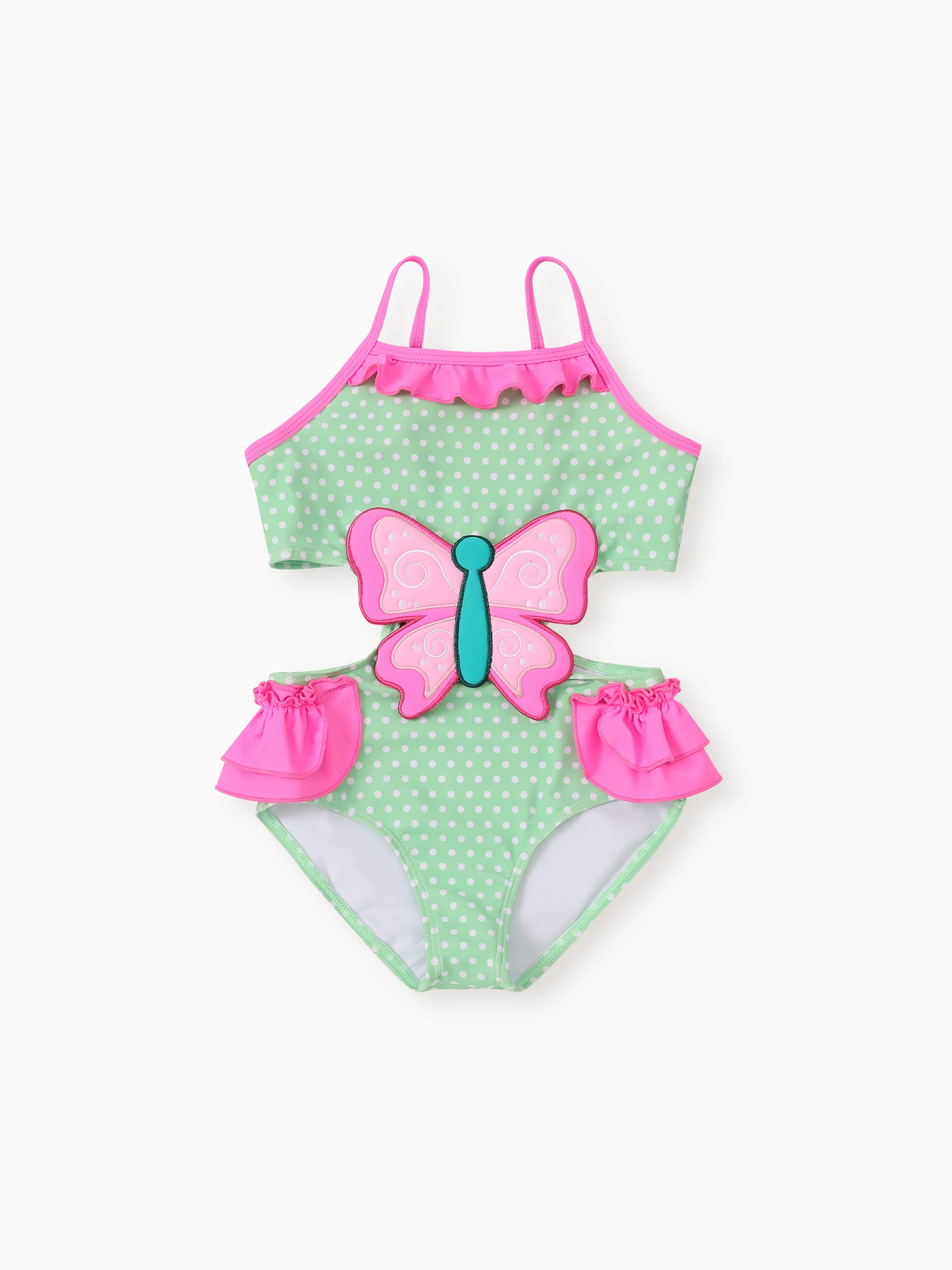 

Kid Girl Polka Dots Butterfly Embroidery Ruffled Swimsuit