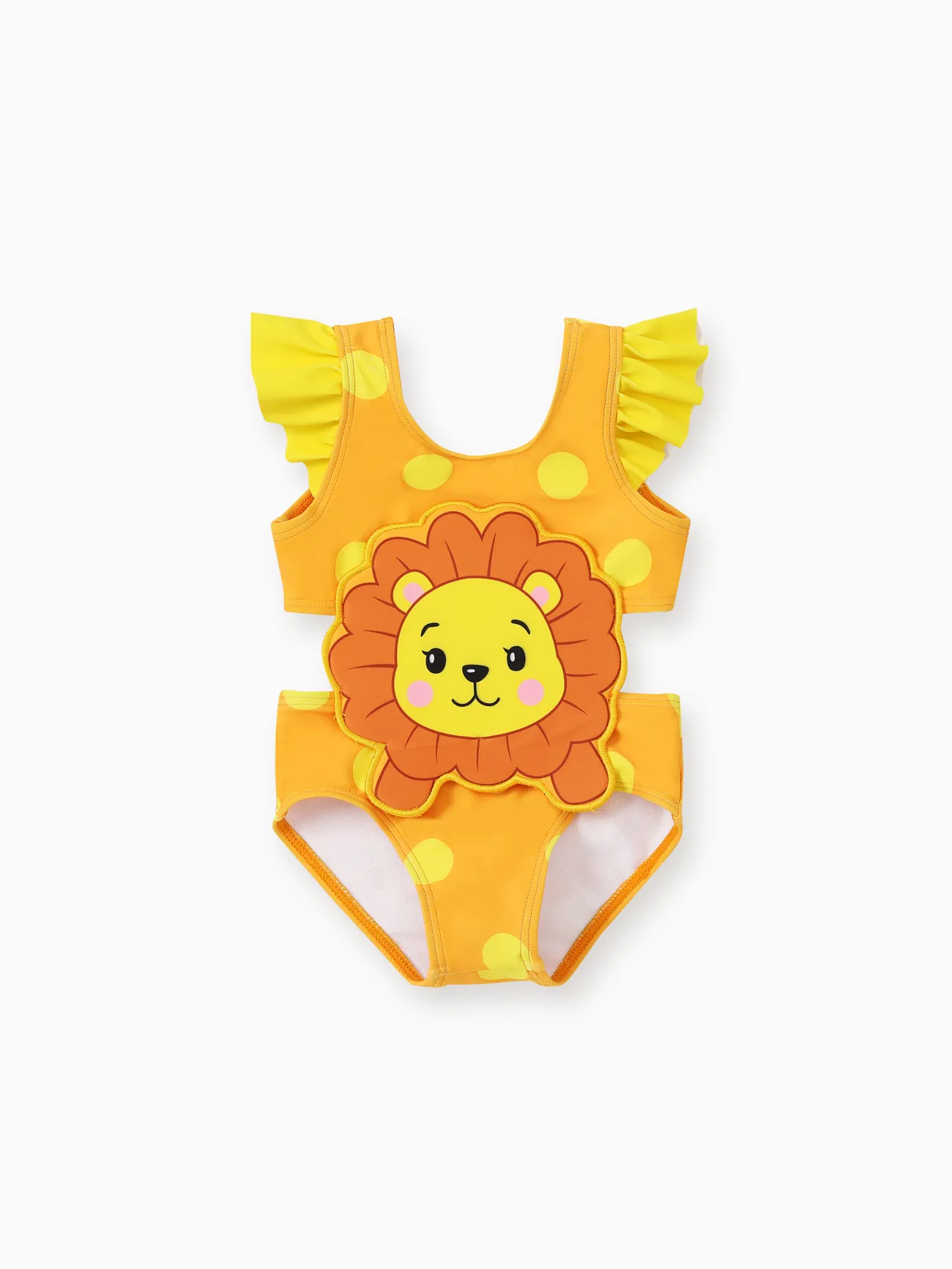 Baby Girl Rabbit/Lion Applique Polka Dots Ruffled One-Piece Swimsuit Yellow big image 1