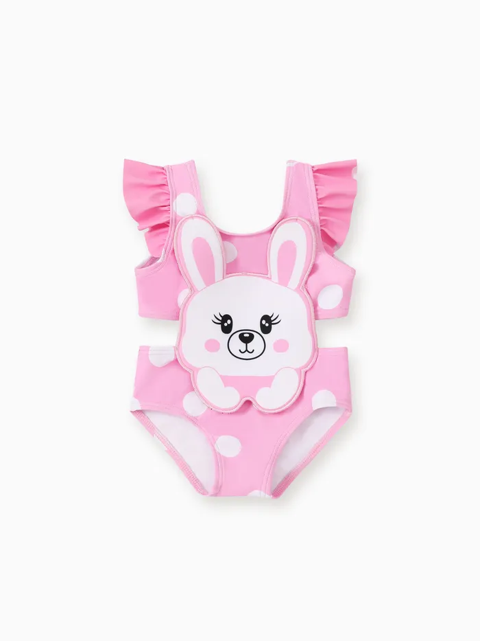 Baby Girl 兔子/獅子貼花波點荷葉邊連體泳衣