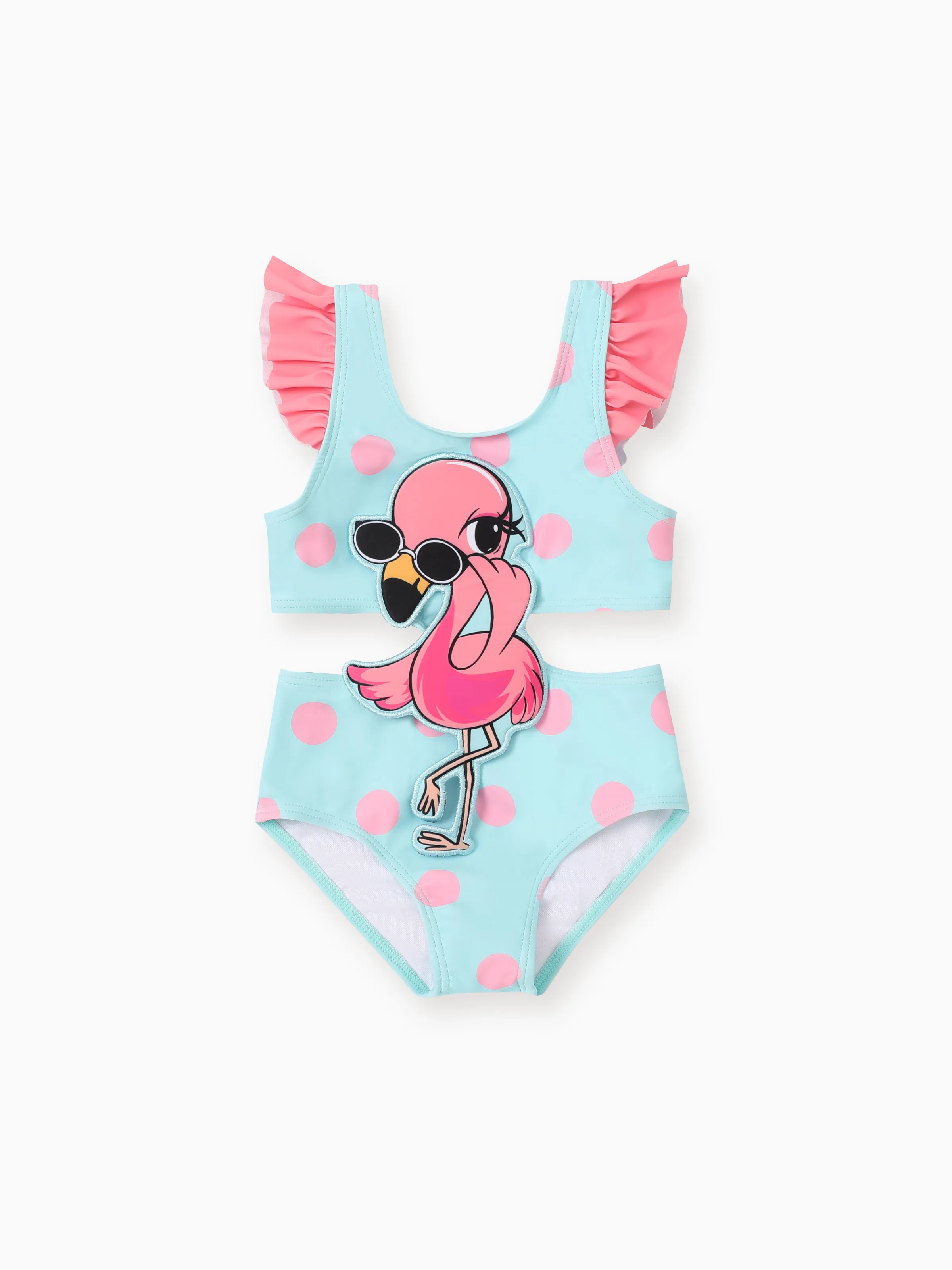 

Toddler Girl Cat/Flamingo Applique Polka Dots Print Ruffled One-Piece Swimsuit