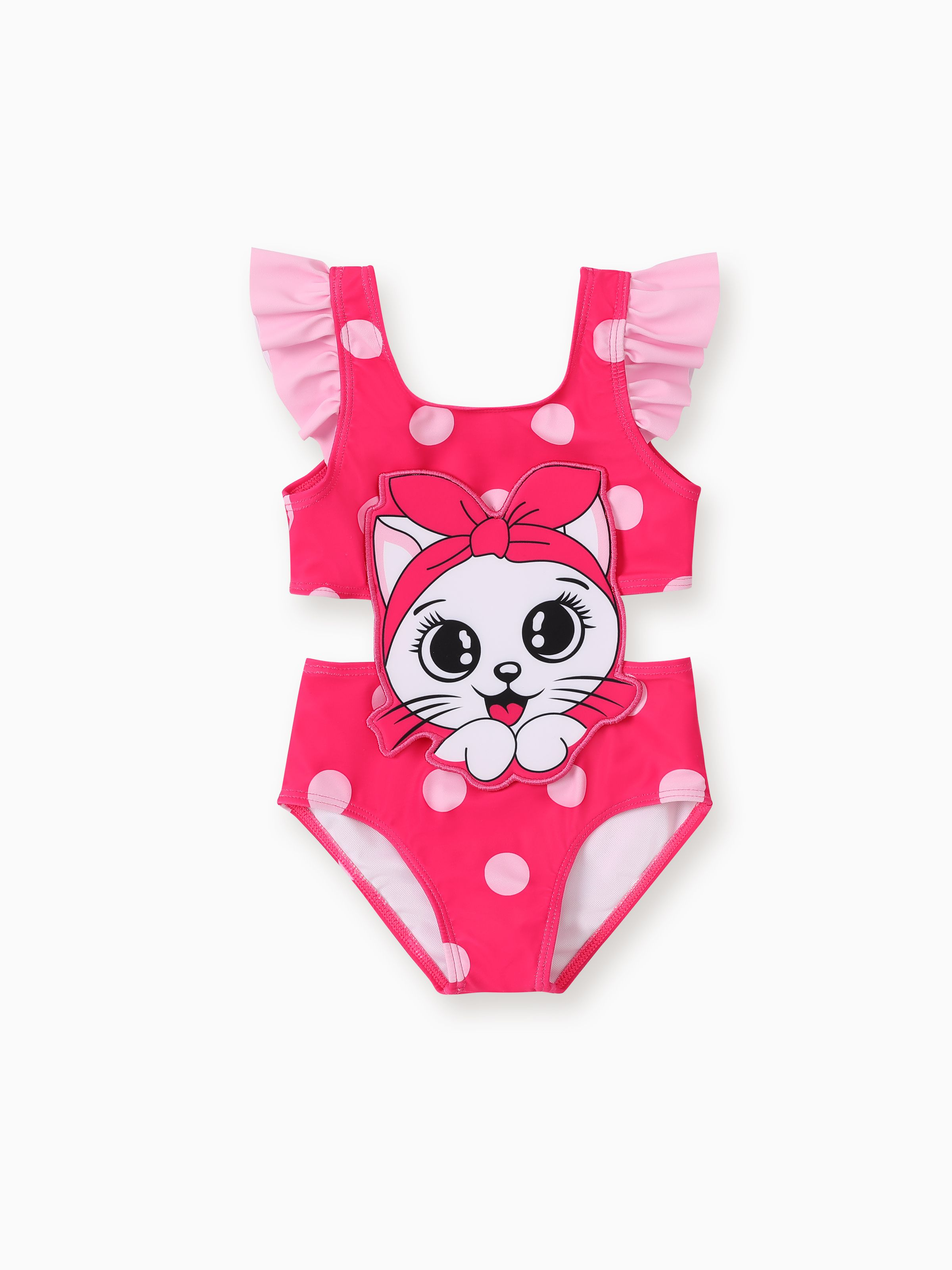 

Toddler Girl Cat/Flamingo Applique Polka Dots Print Ruffled One-Piece Swimsuit