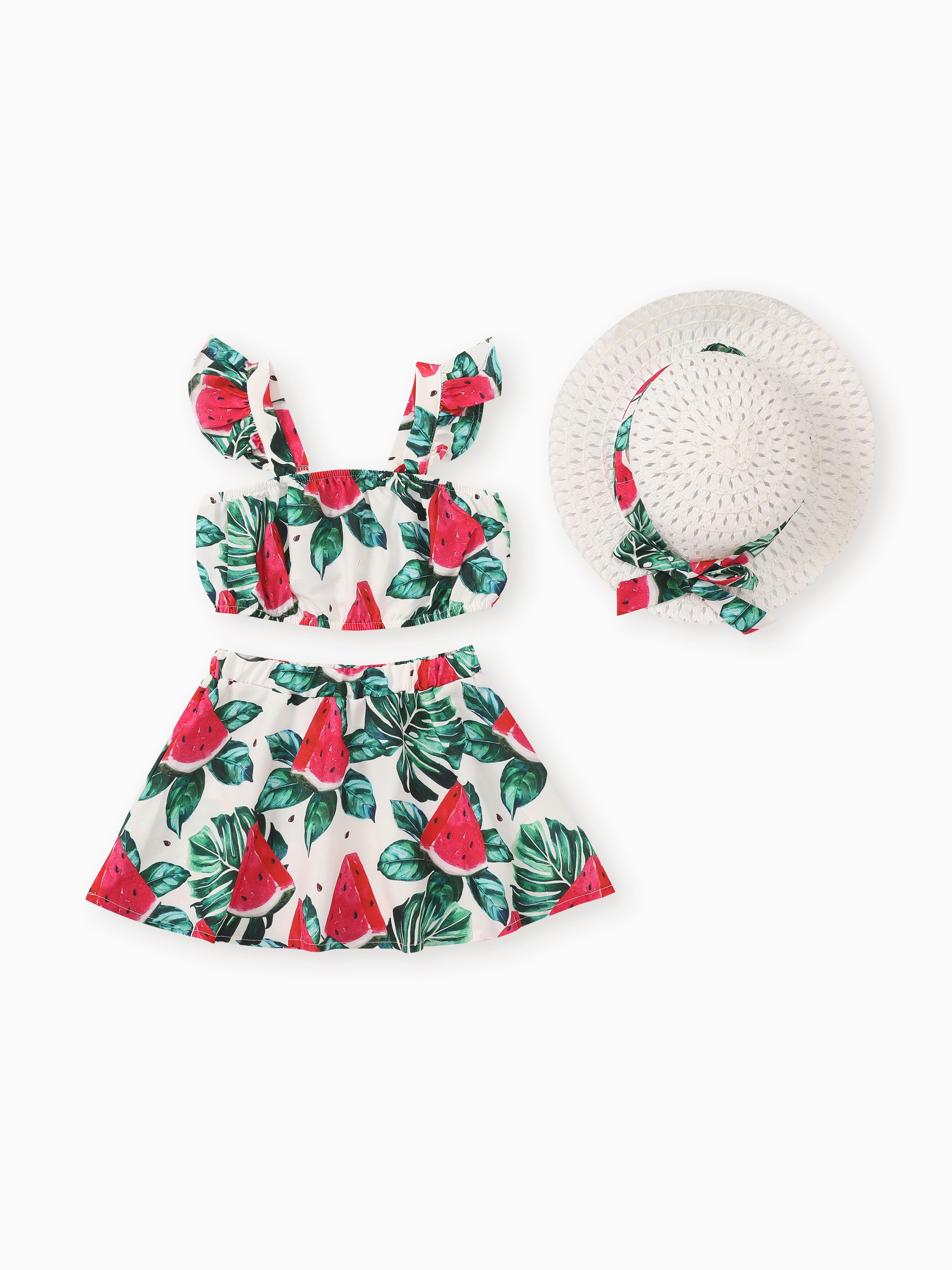 

Toddler Girl 3pcs Watermelon Print Flutter-sleeve Camisole and Skirt and Hat Set