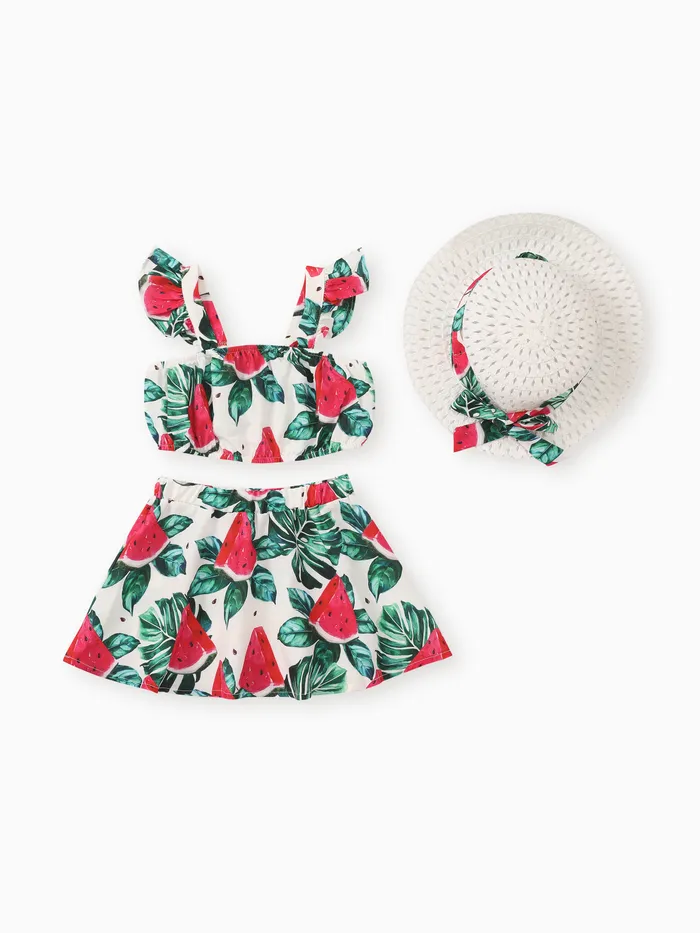 Kleinkind Mädchen 3pcs Wassermelonen-Print Flatterärmel Top und Rock und Hut Set