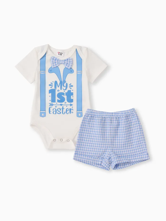 Baby Boy 2pcs Letter Print Bowknot Romper and Plaid Print Shorts Set