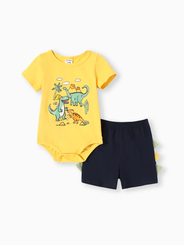 2pcs Baby Boy Dinosuar Print Romper and Shorts Set