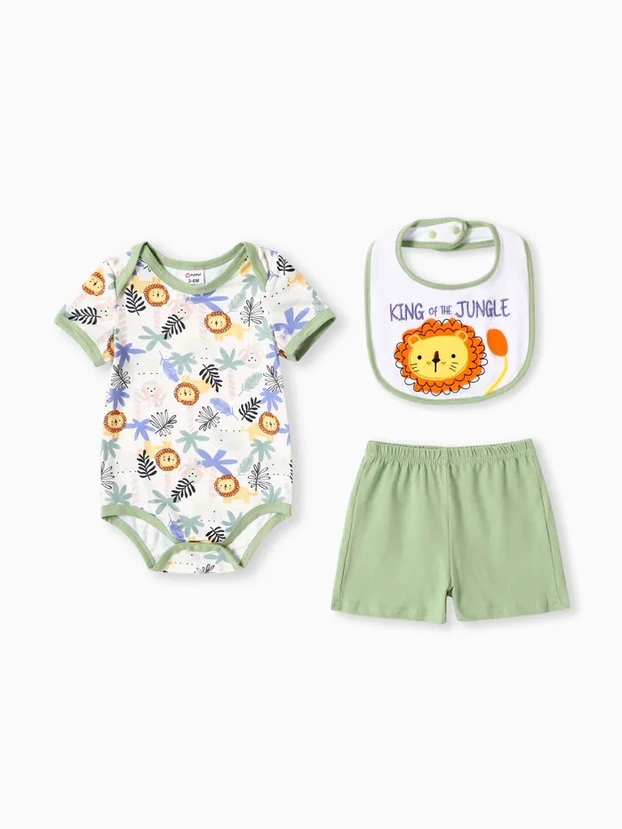 Baby Boy 3pcs Lion Print Romper and Shorts and Bib Set