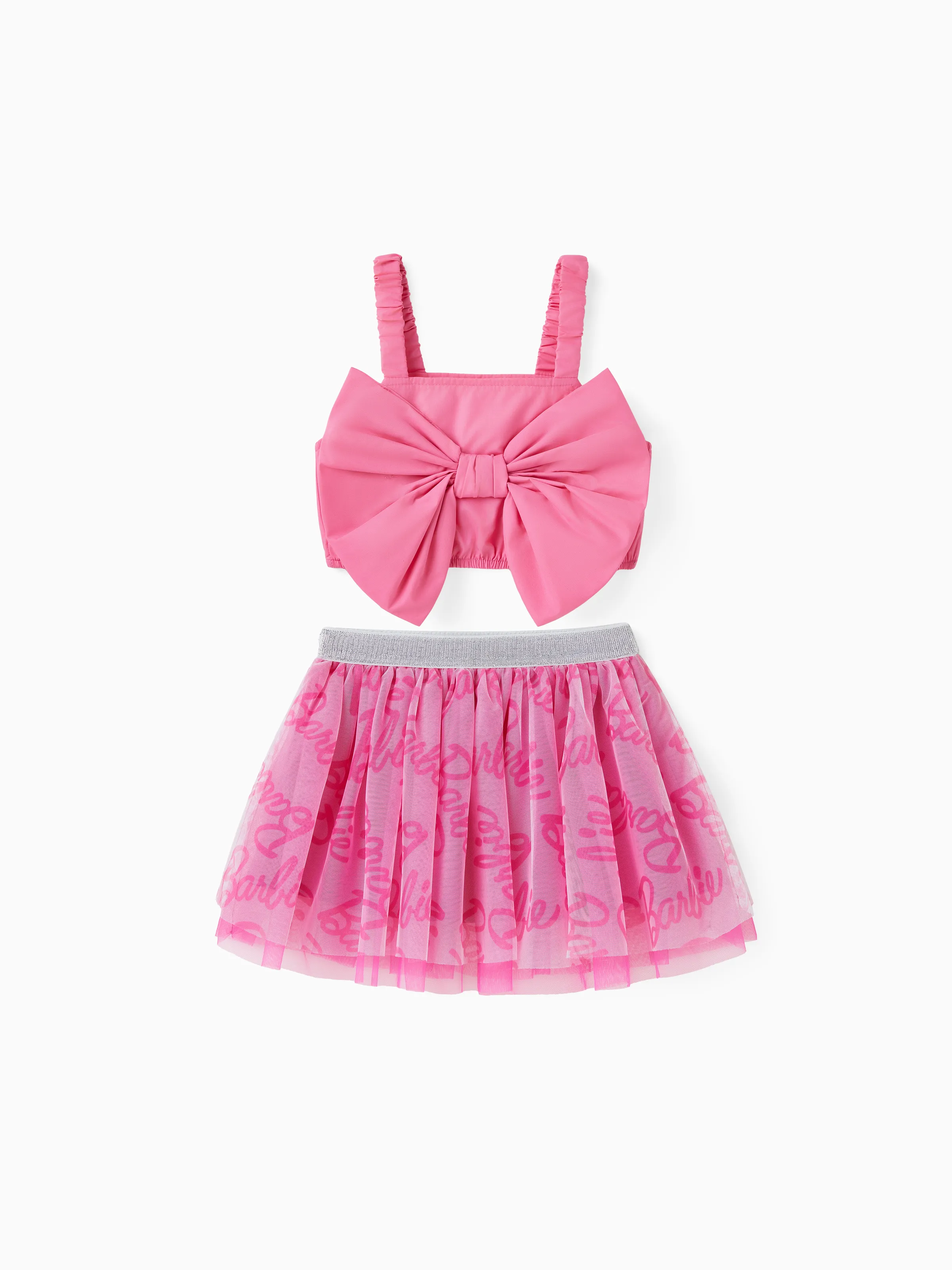 Barbie 2pcs Niña Pequeña Bow Twist Top y Conjunto de Falda con Estampado de Logotipo
