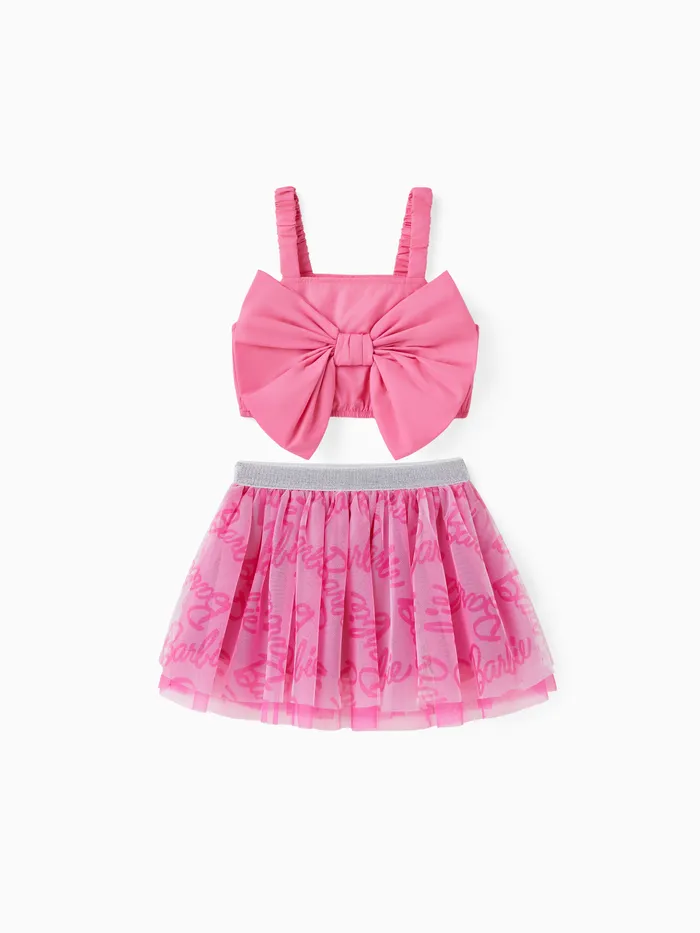 Barbie 2pcs Toddler Girl Bow Twist Top and Allover Logo Print Skirt Set
