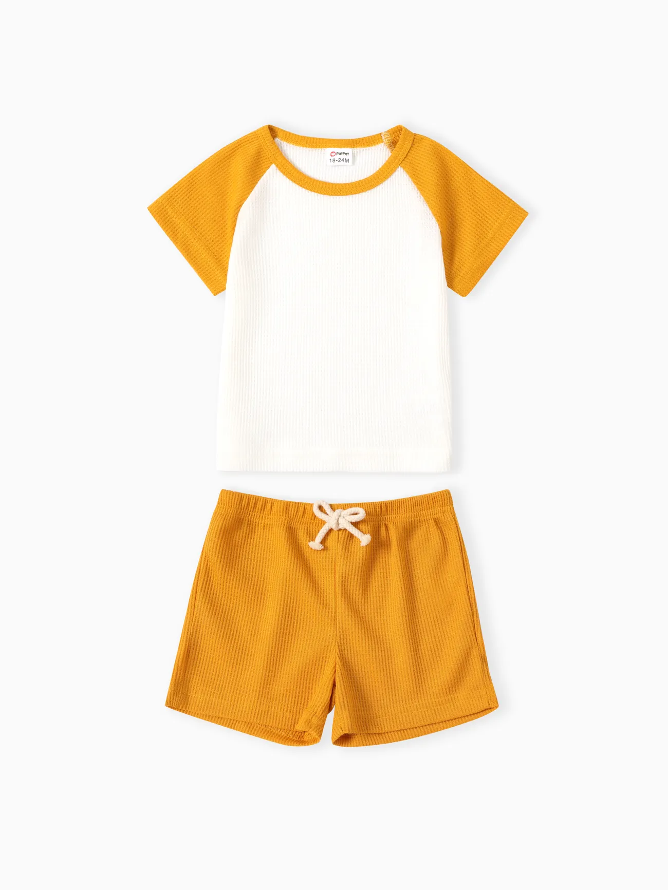 2-piece Toddler Boy Waffle Colorblock Raglan Sleeve Tee and Solid Color Shorts Set Yellow big image 1