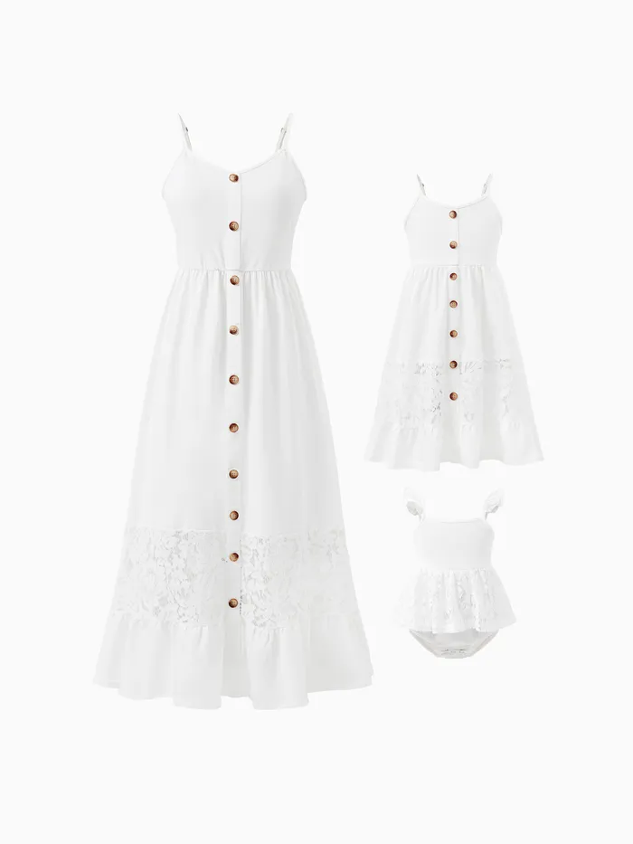 Mommy and Me Button Up White Lace Embellishment Ruffle Hem Strap Dress 