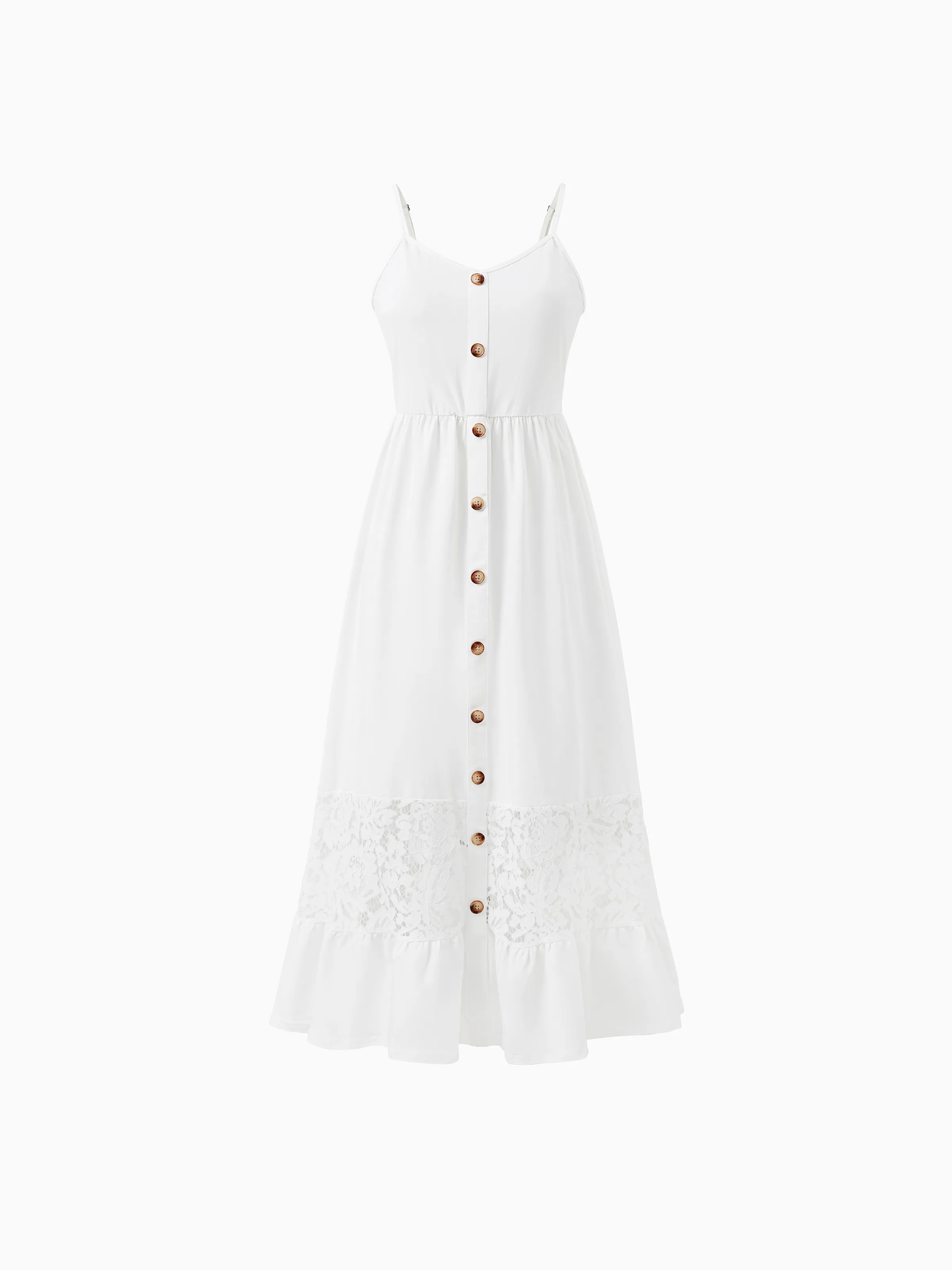 

Mommy and Me Button Up White Lace Embellishment Ruffle Hem Strap Dress