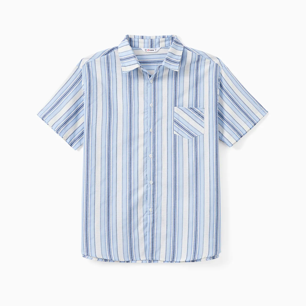 Family Matching Vertical Stripe Shirt and Ruched Bust Shirred Waist Cotton Blue Strap Dress Sets