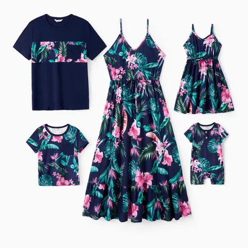 Family Matching Floral Panel Tee and Flower Pattern Ruffle Hem Strap Dress Sets