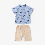 2pcs Toddler Boy Vacation Feather Print Shirt and Shorts Set Blue