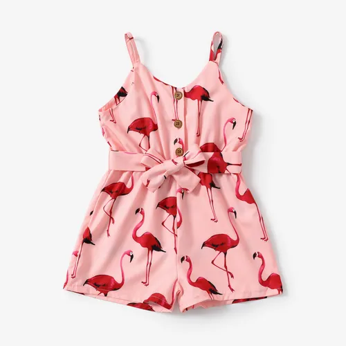 Toddler Girl Flamingo Print Button Design Belted Cami Romper Jumpsuit Shorts