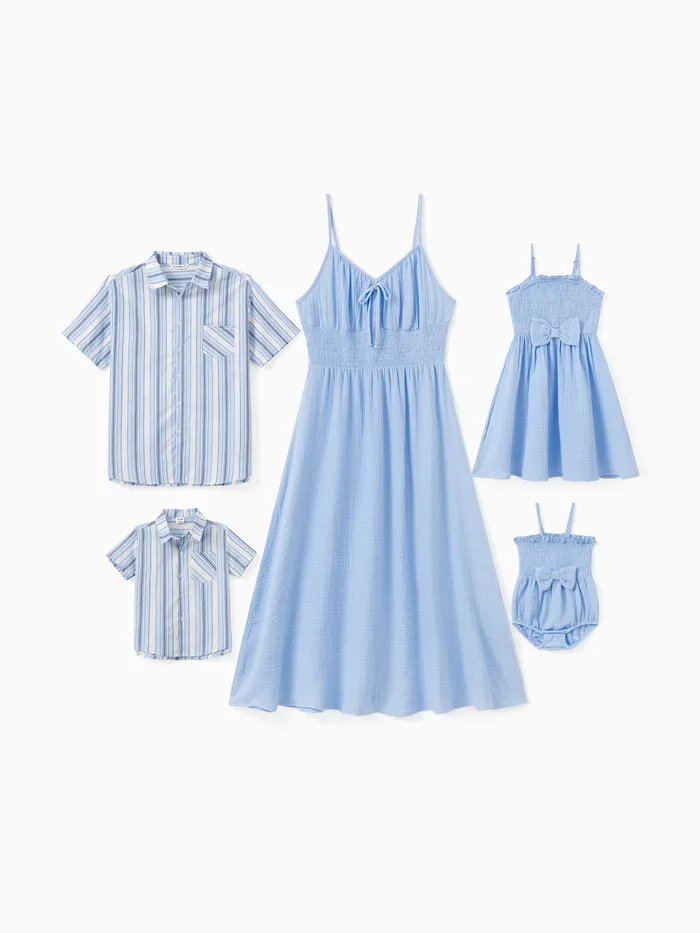 Family Matching Vertical Stripe Shirt and Ruched Bust Shirred Waist Cotton Blue Strap Dress Sets