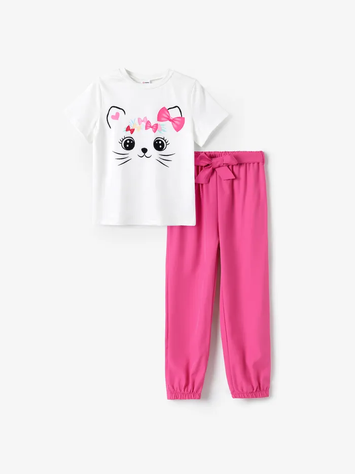 2pcs Kid Girl Cute Cat Print Short-sleeve Tee and Belted Pants Set 