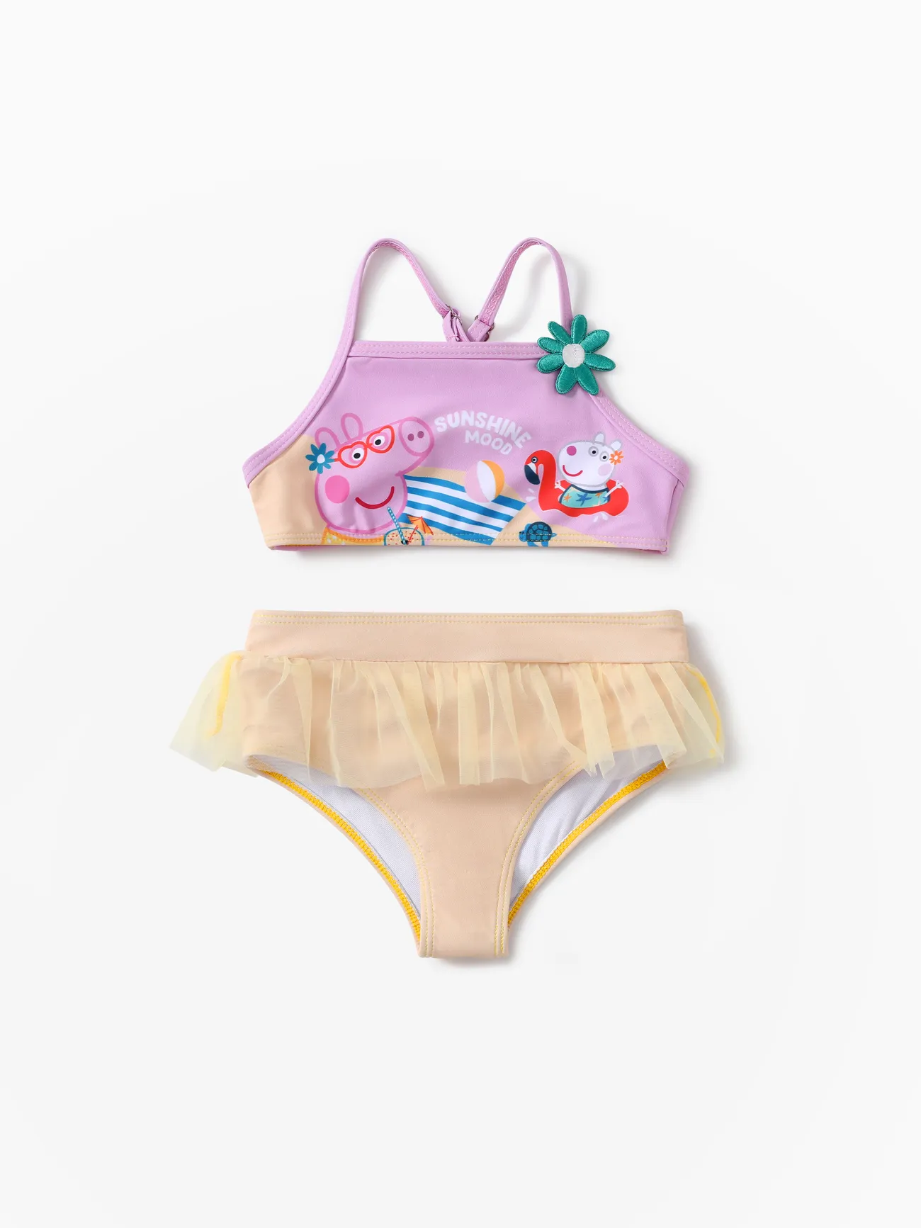 Peppa Pig Toddler Girls 2pcs Summer Beach Style Floral Ruffle Mesh Swimsuit  Yellow big image 1