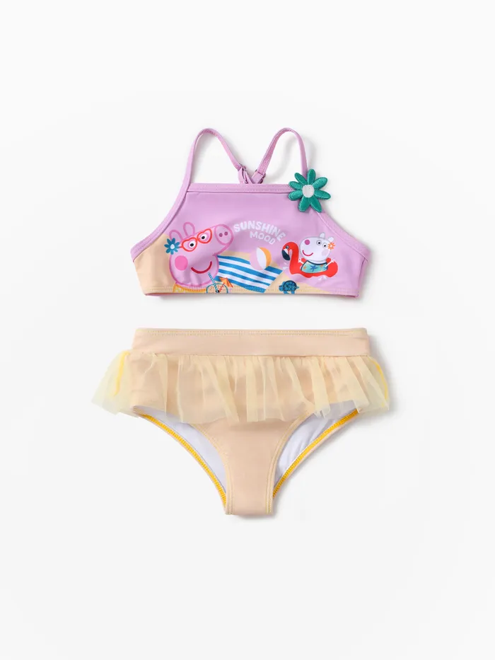 Peppa Pig Toddler Girls 2pcs Summer Beach Style Floral Ruffle Mesh Swimsuit 