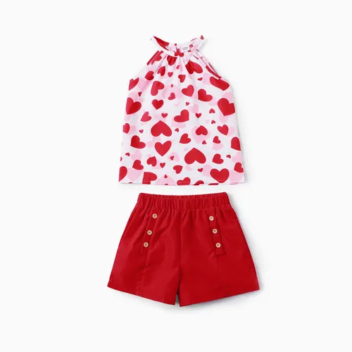 2pc Kid Girl Valentine's Heart-shaped Open Sleeve Sweet Top and Pants Set 