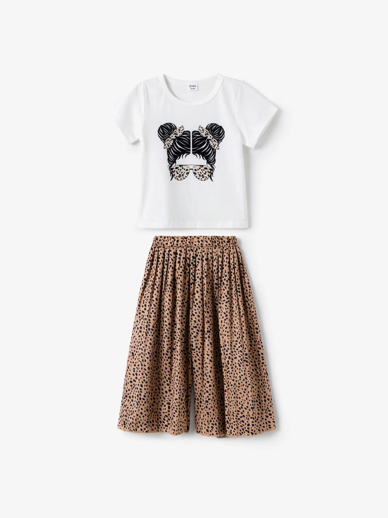 Girl's 2pcs Avant-garde Character T-Shirt and Wide Leg Pant Set with Pleat, White Print White big image 1