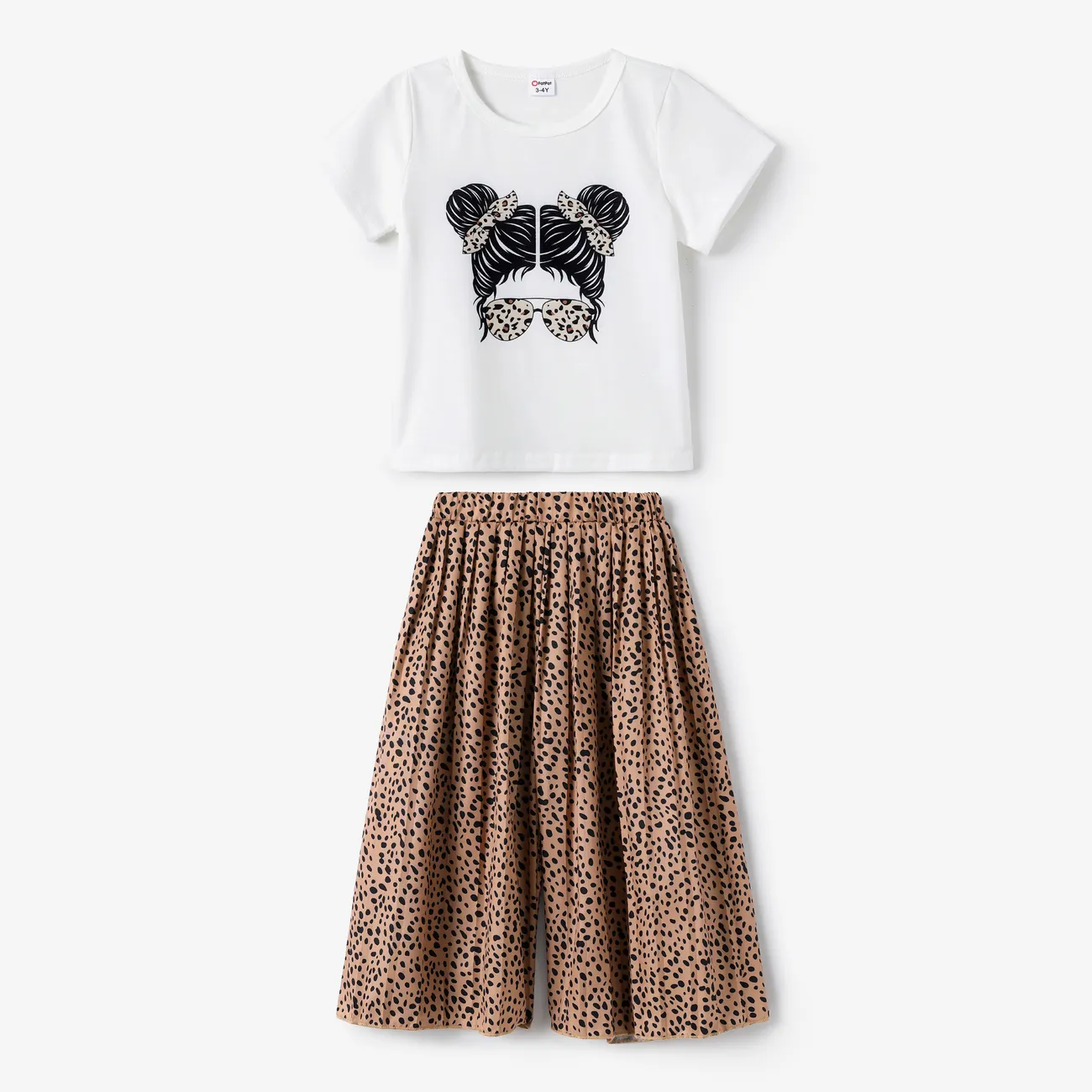 Girl's 2pcs Avant-garde Character T-Shirt and Wide Leg Pant Set with Pleat, White Print White big image 1