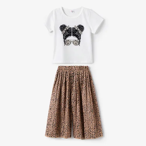 Conjunto de camiseta de personaje vanguardista de 2 piezas para niña y pantalón de pierna ancha con pliegues, estampado blanco