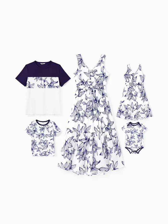 Conjuntos familiares a juego Camiseta floral o cuello en V Vestido sin mangas con botón falso con cintura elástica