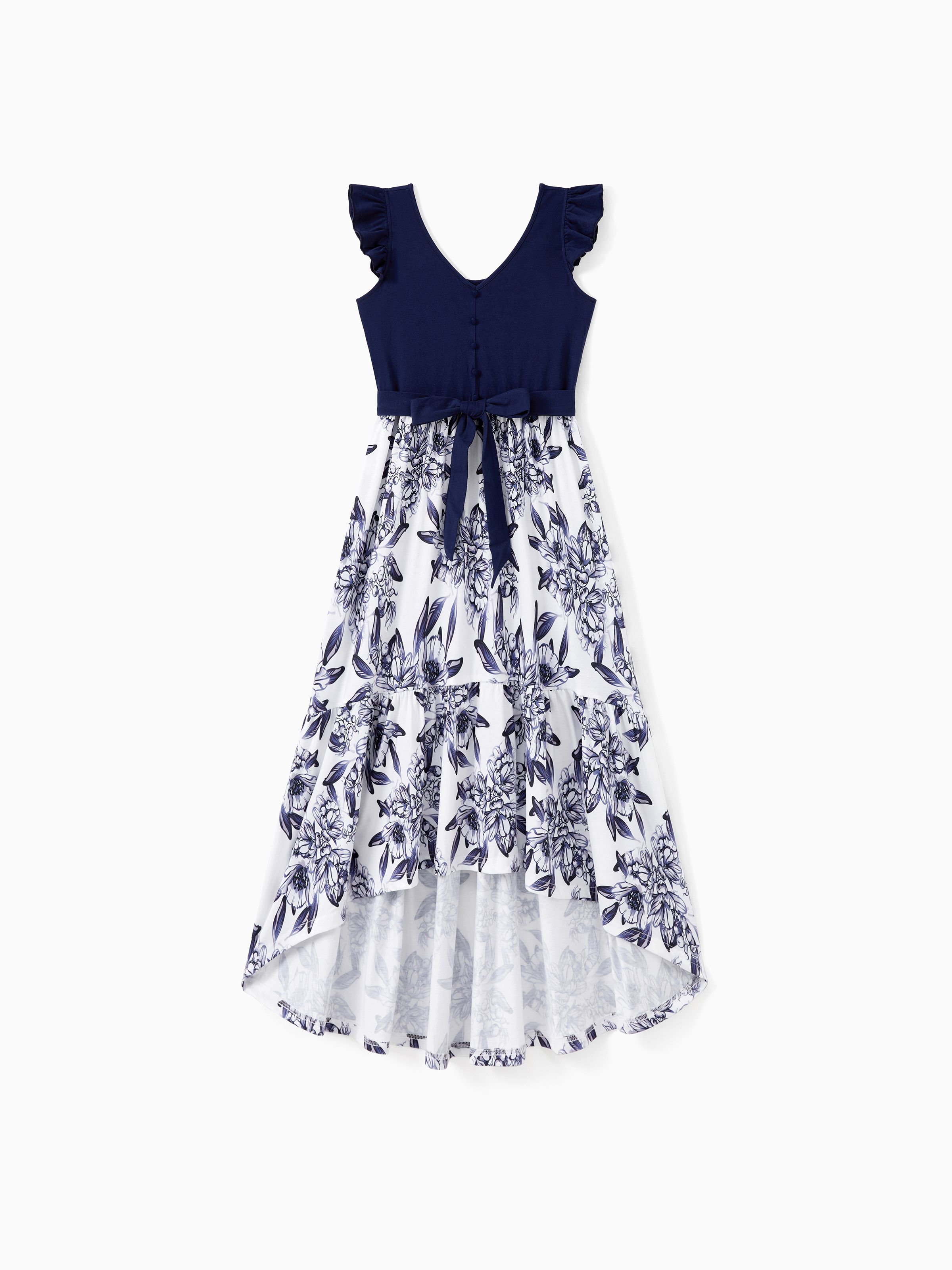 

Family Matching Sets Color Block Tee or Faux Button Navy Blue Top Spliced Floral High-Low Ruffle Hemline Dress
