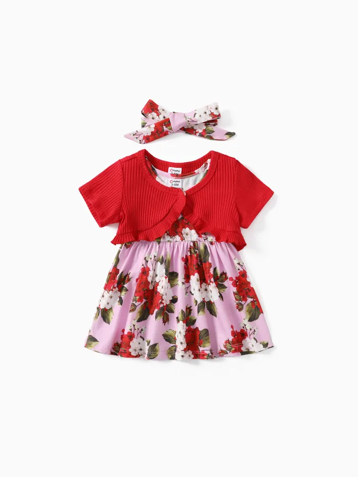 Baby Girl 3pcs Ruffled Cardigan and Floral Print Dress with Headband Set