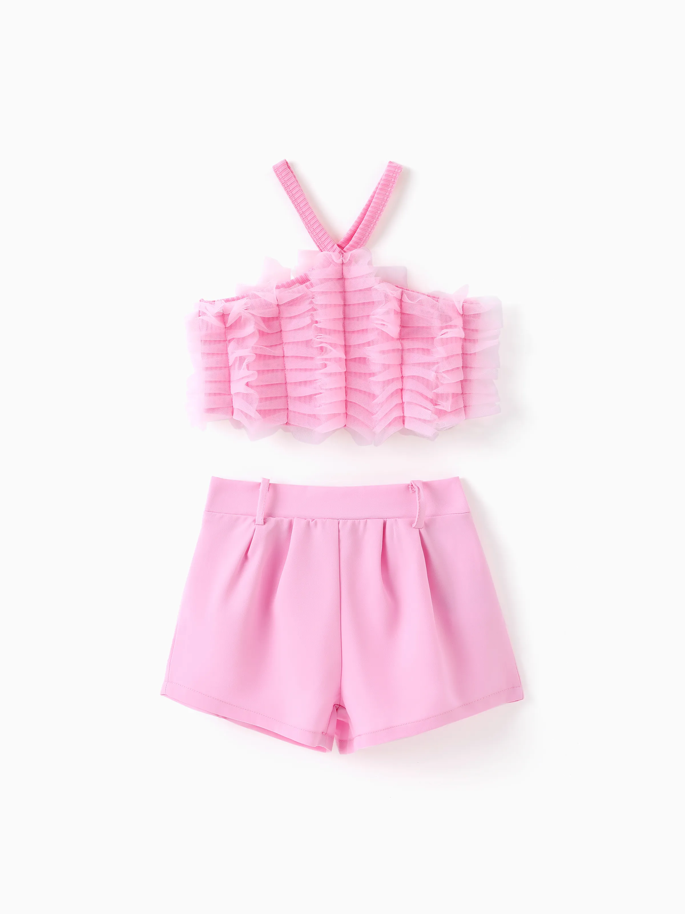 Baby Girl 2pcs Sweet Mesh Splice Halter Top and Shorts Set