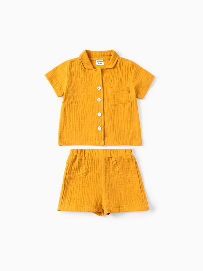 2pcs Baby Boy Summer Yellow Cotton Casual Short Sleeve and Shorts Set